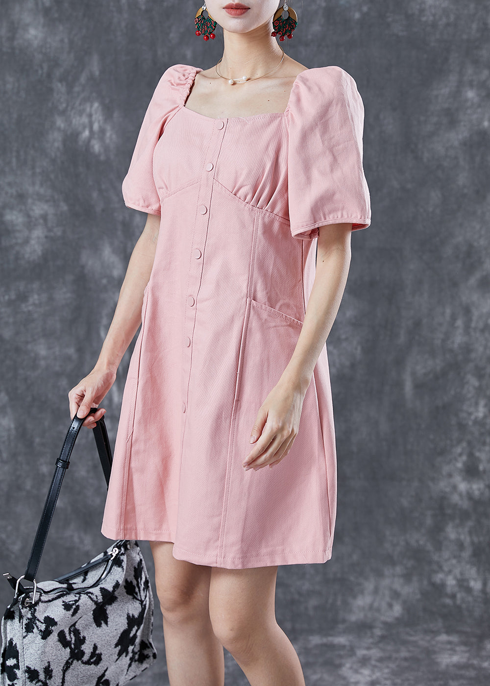 French Pink Square Collar Bustier Top Denim Mid Dresses