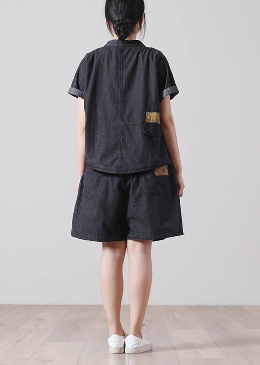 French Pockets hot pants Denim Black Short Sleeve Two Pieces Set