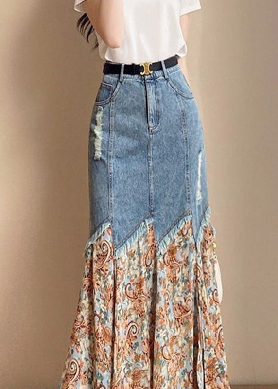 French Print Patchwork Button Denim Maxi Skirts