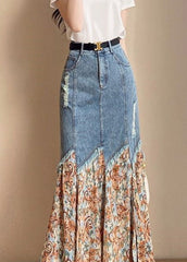 French Print Patchwork Button Denim Maxi Skirts