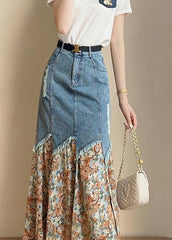 French Print Patchwork Button Denim Maxi Skirts