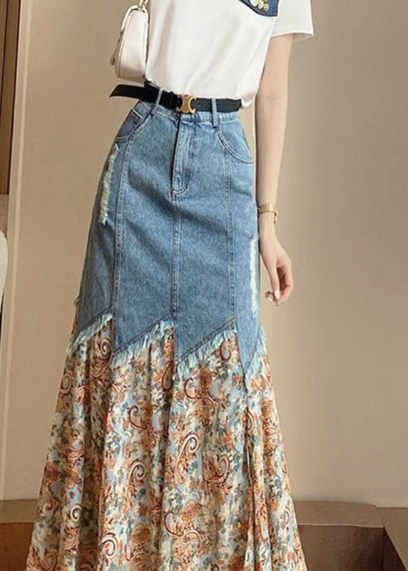 French Print Patchwork Button Denim Maxi Skirts