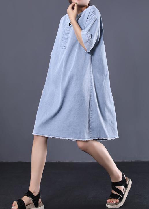 French denim blue Cotton quilting dresses v neck loose Dress