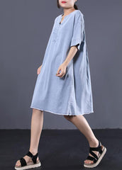 French denim blue Cotton quilting dresses v neck loose Dress