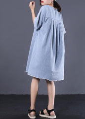 French denim blue Cotton quilting dresses v neck loose Dress