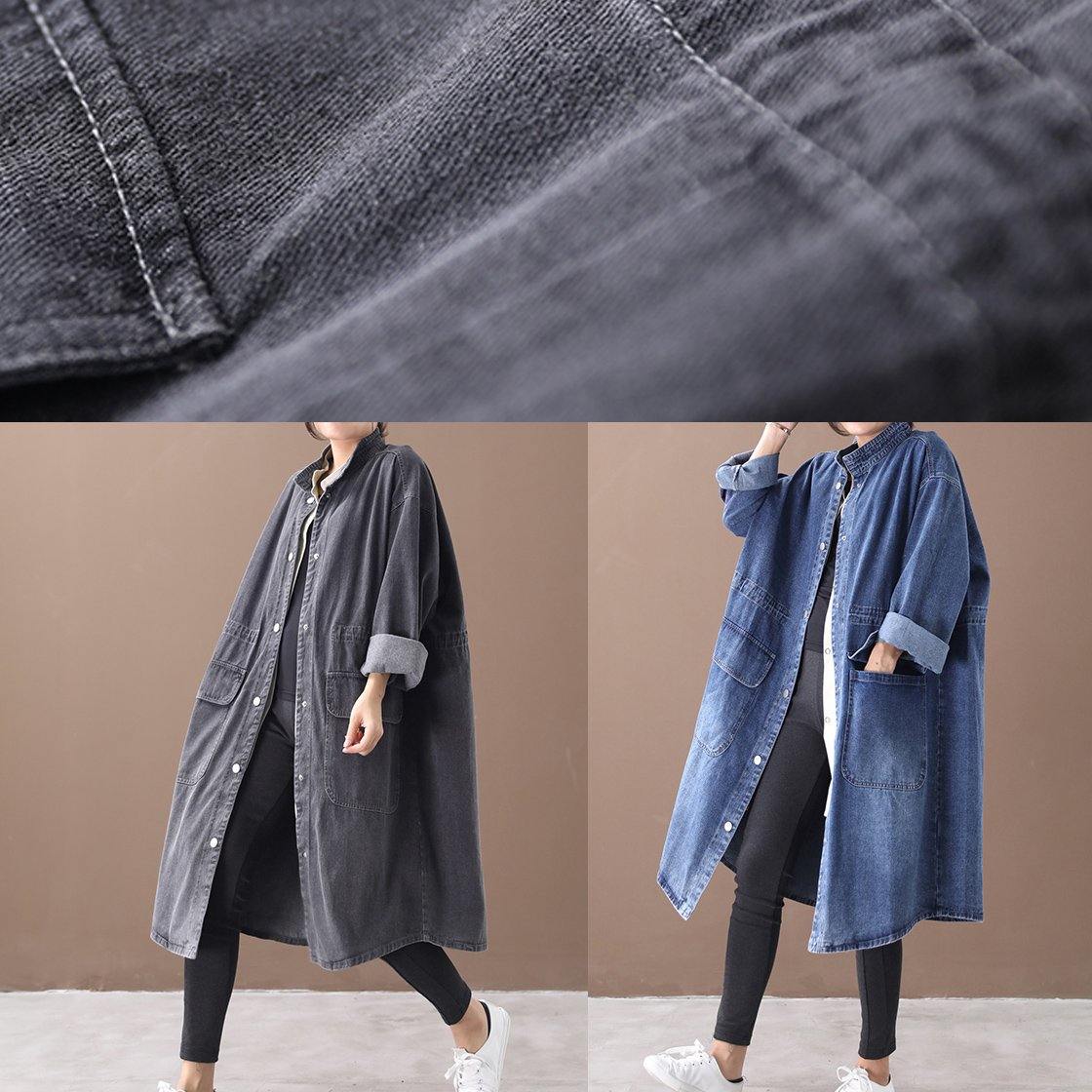French denim blue-love Plus Size box coat Shape stand collar drawstring coat