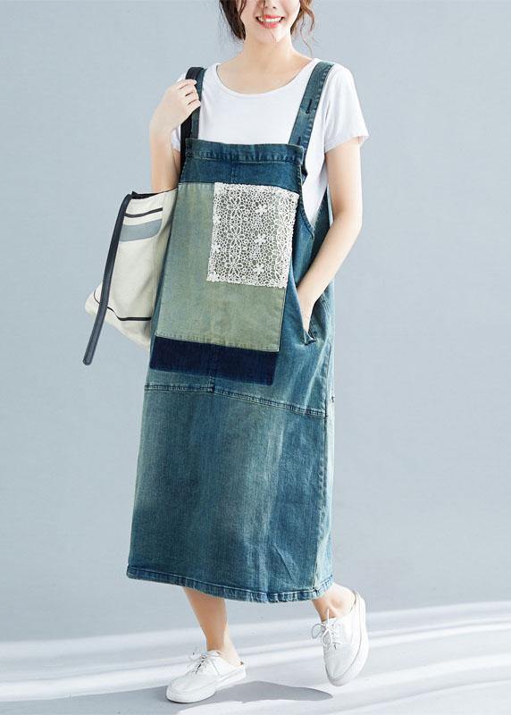 French denim blue cotton quilting dresses sleeveless cotton robes Dress