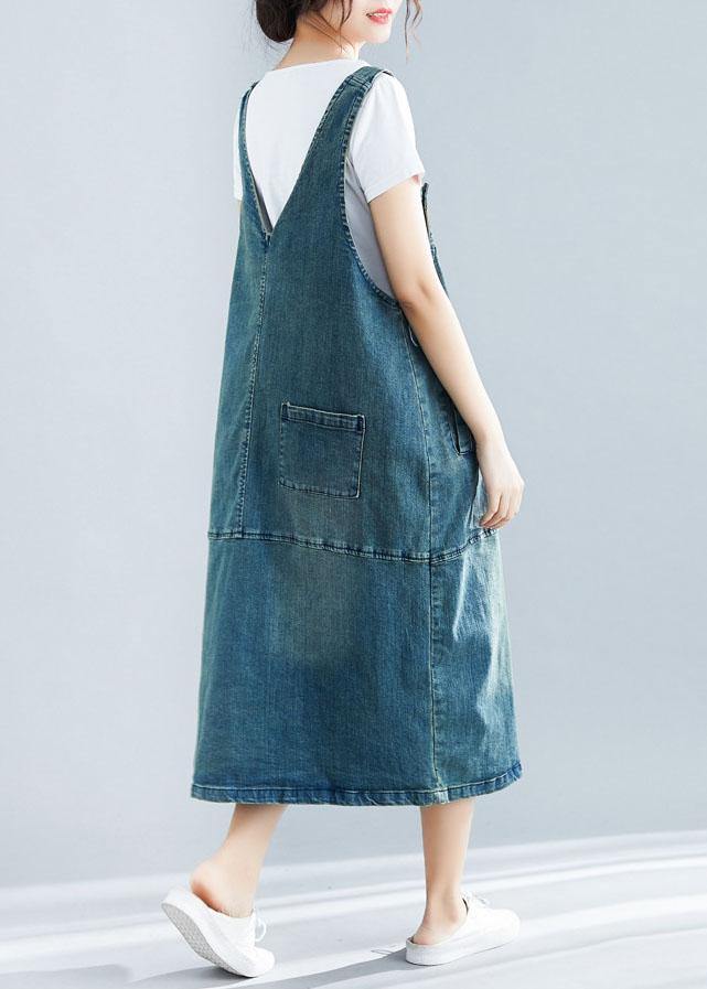 French denim blue cotton quilting dresses sleeveless cotton robes Dress