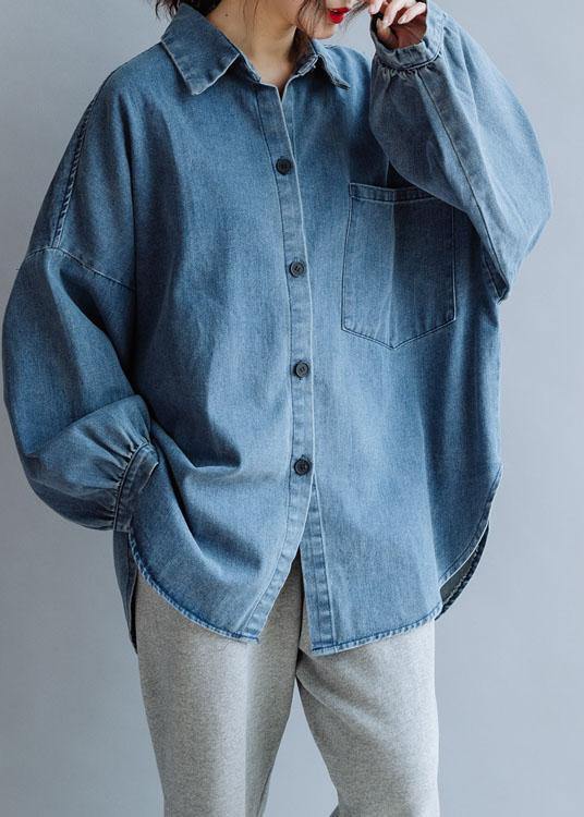 French low high design cotton shirts pattern denim blue blouse fall