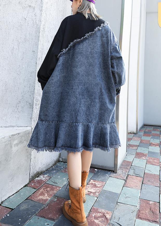 French o neck Ruffles Cotton tunic dress denim blue patchwork black Dress