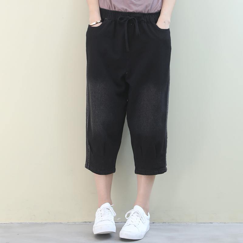 French pants plus size denim black elastic waist pockets pants