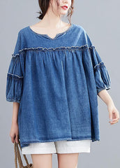 French v neck lantern sleeve cotton top Outfits denim blue shirts