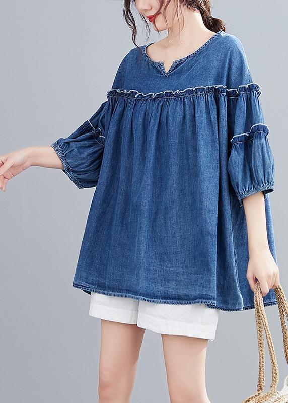 French v neck lantern sleeve cotton top Outfits denim blue shirts