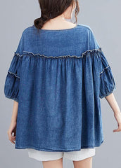 French v neck lantern sleeve cotton top Outfits denim blue shirts