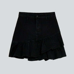 Frills black mini denim skirt