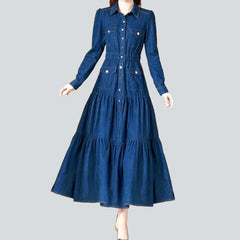 Frills denim dress with pockets