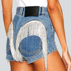 Fringe back pocket denim shorts