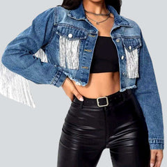 Fringe cropped women denim jacket