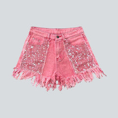 Fringe hem rhinestone denim shorts