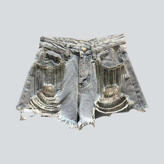 Fringe pocket distressed denim shorts