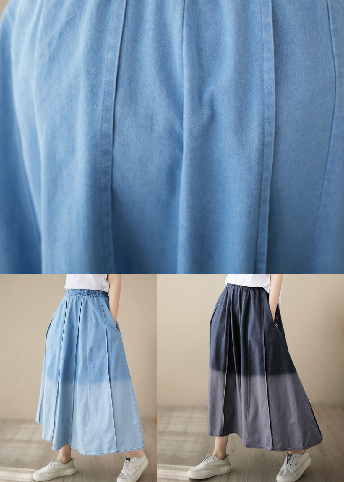 Gradient Black Wrinkled Pockets Patchwork Denim Skirts