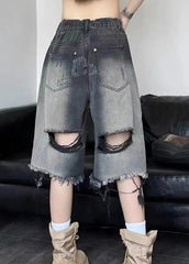 Schwarze Patchwork-Jeansshorts mit hoher Taille und Farbverlauf