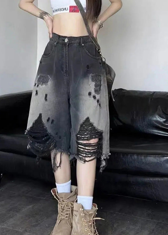 Schwarze Patchwork-Jeansshorts mit hoher Taille und Farbverlauf