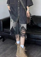Schwarze Patchwork-Jeansshorts mit hoher Taille und Farbverlauf