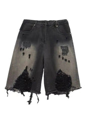 Schwarze Patchwork-Jeansshorts mit hoher Taille und Farbverlauf