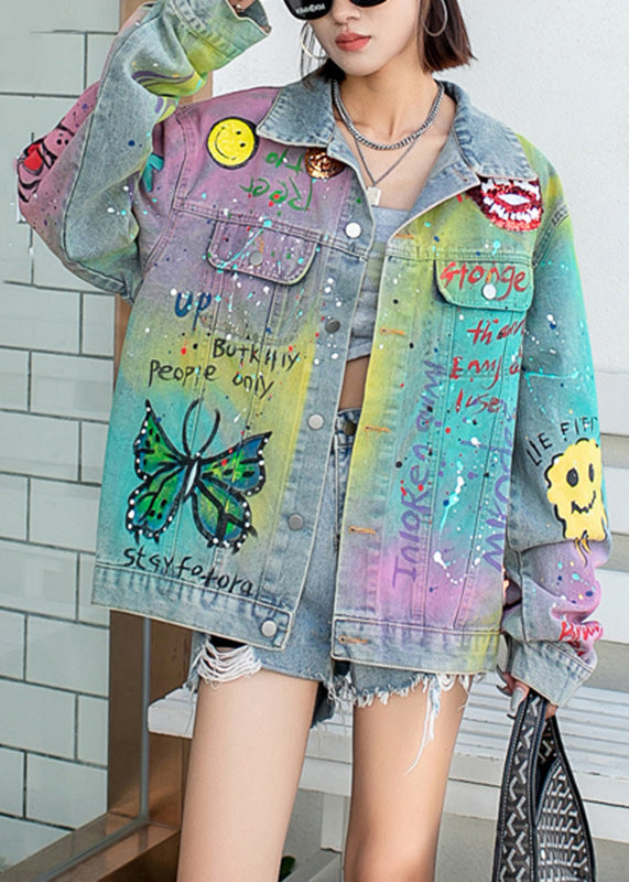 Farbverlauf Blau Peter Pan Kragen Graffiti Taschen Denim Mäntel Herbst