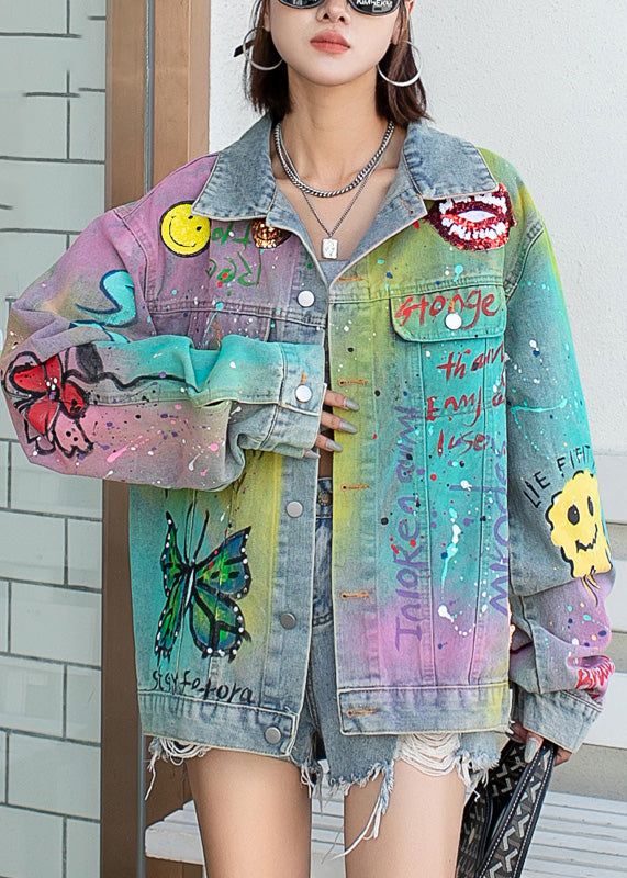 Farbverlauf Blau Peter Pan Kragen Graffiti Taschen Denim Mäntel Herbst