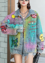 Farbverlauf Blau Peter Pan Kragen Graffiti Taschen Denim Mäntel Herbst