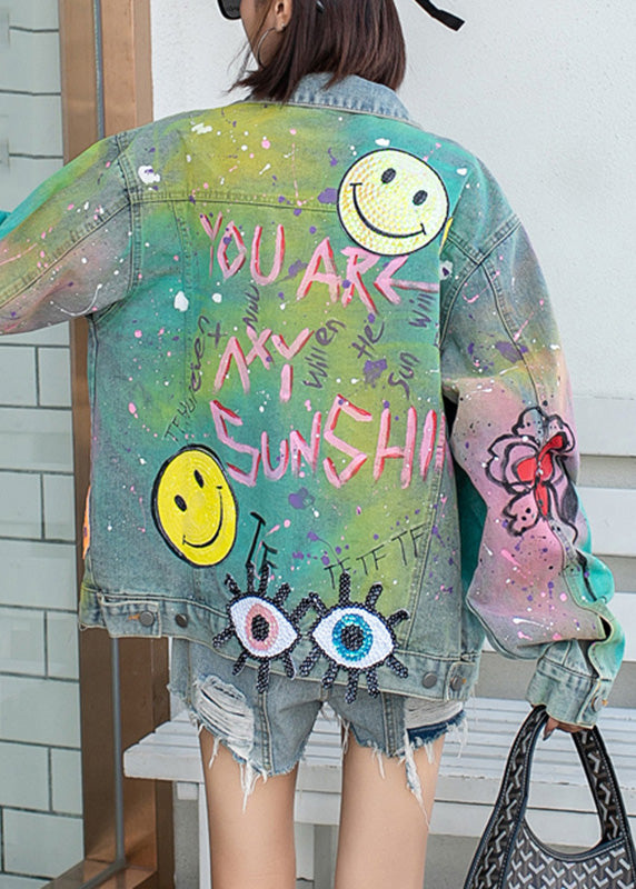 Farbverlauf Blau Peter Pan Kragen Graffiti Taschen Denim Mäntel Herbst