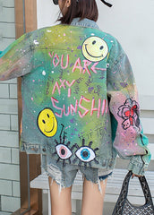 Farbverlauf Blau Peter Pan Kragen Graffiti Taschen Denim Mäntel Herbst