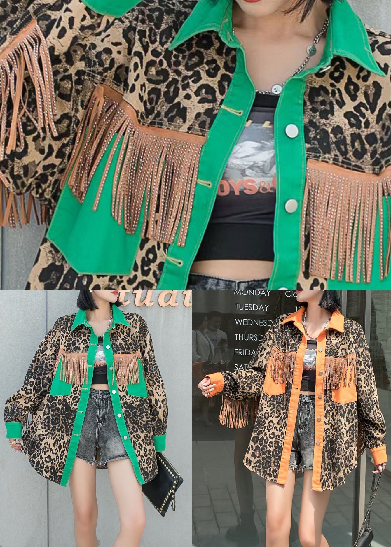 Green Leopard Patchwork Denim Coat Tasseled Button