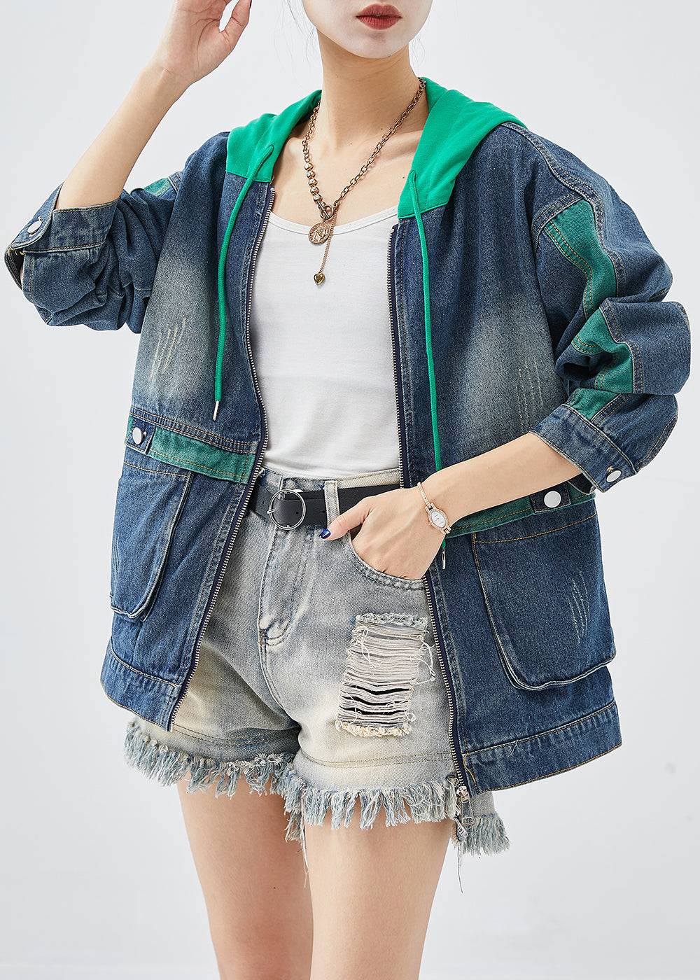 Green Patchwork Denim Coats Hooded Pockets Fall