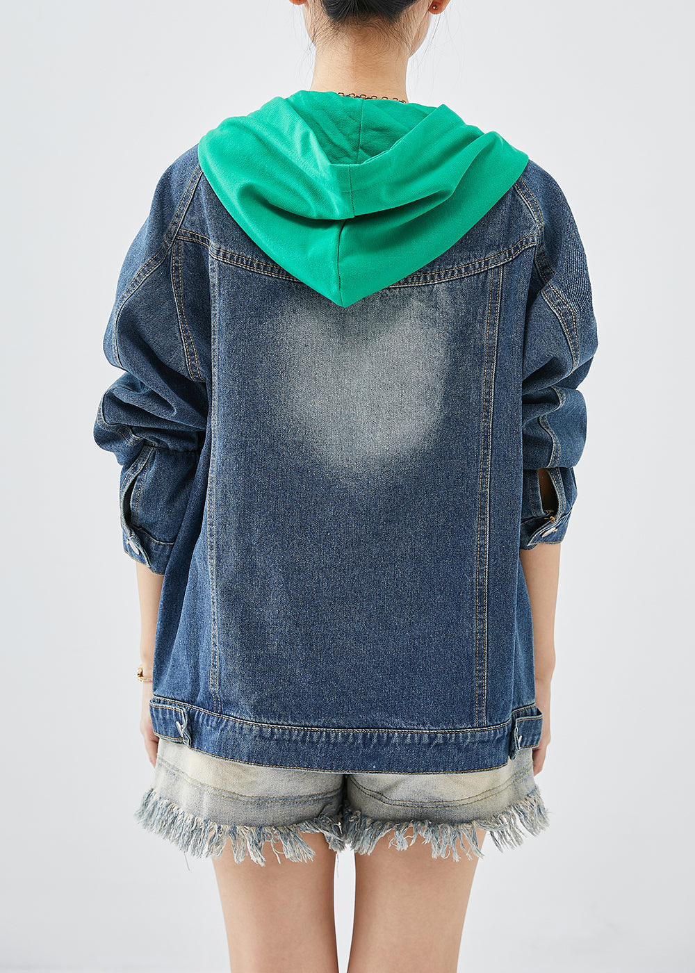 Green Patchwork Denim Coats Hooded Pockets Fall