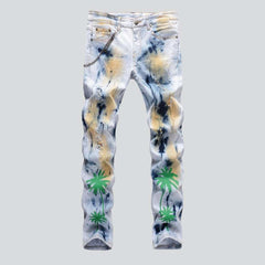 Green palm-painted men jeans