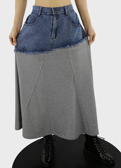 Grey A Line Skirts Denim Patchwork Button