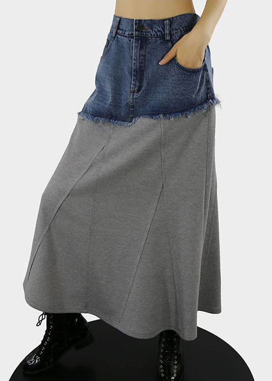 Grey A Line Skirts Denim Patchwork Button