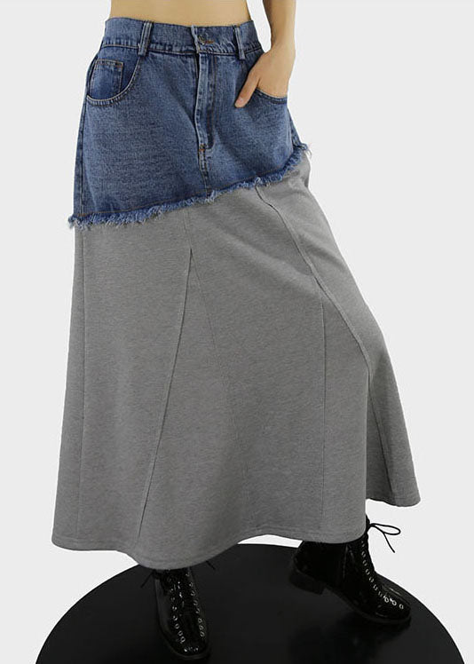 Grey A Line Skirts Denim Patchwork Button