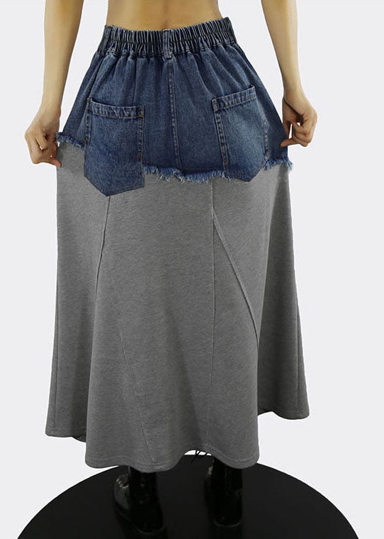 Grey A Line Skirts Denim Patchwork Button