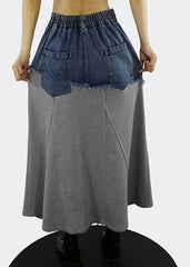 Grey A Line Skirts Denim Patchwork Button