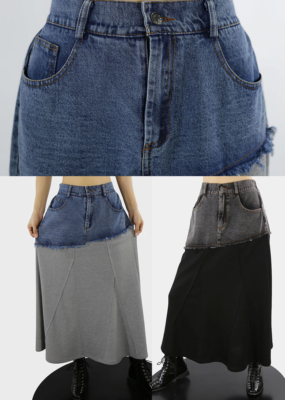 Grey A Line Skirts Denim Patchwork Button