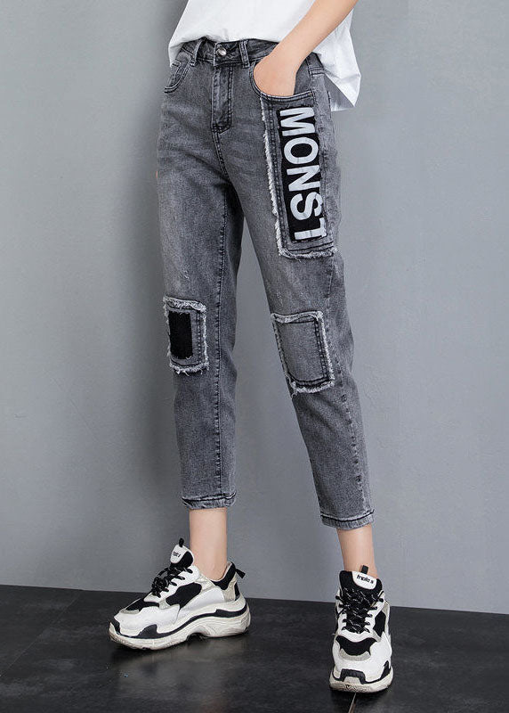 Grey Patchwork Applique Cotton Denim Crop Pants High Waist Tassel