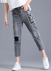 Grey Patchwork Applique Cotton Denim Crop Pants High Waist Tassel