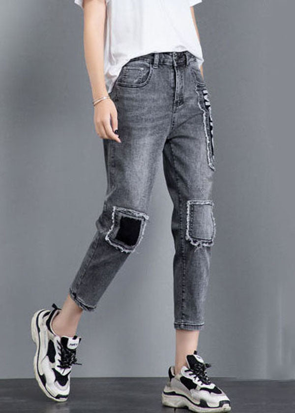 Grey Patchwork Applique Cotton Denim Crop Pants High Waist Tassel