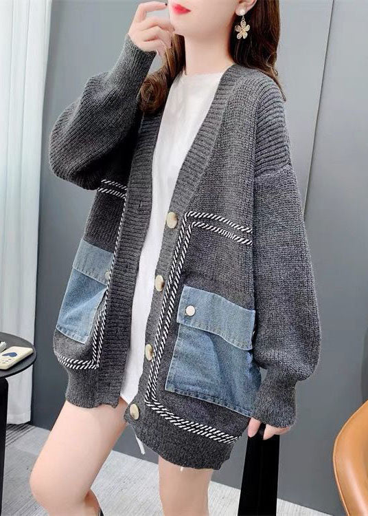 Cárdigan holgado de punto vaquero con patchwork gris y bolsillos con cuello en V para invierno