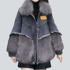 Grey denim jacket with fur