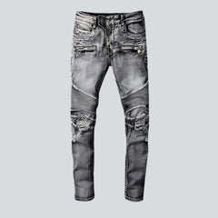 Grey embroidered men biker jeans